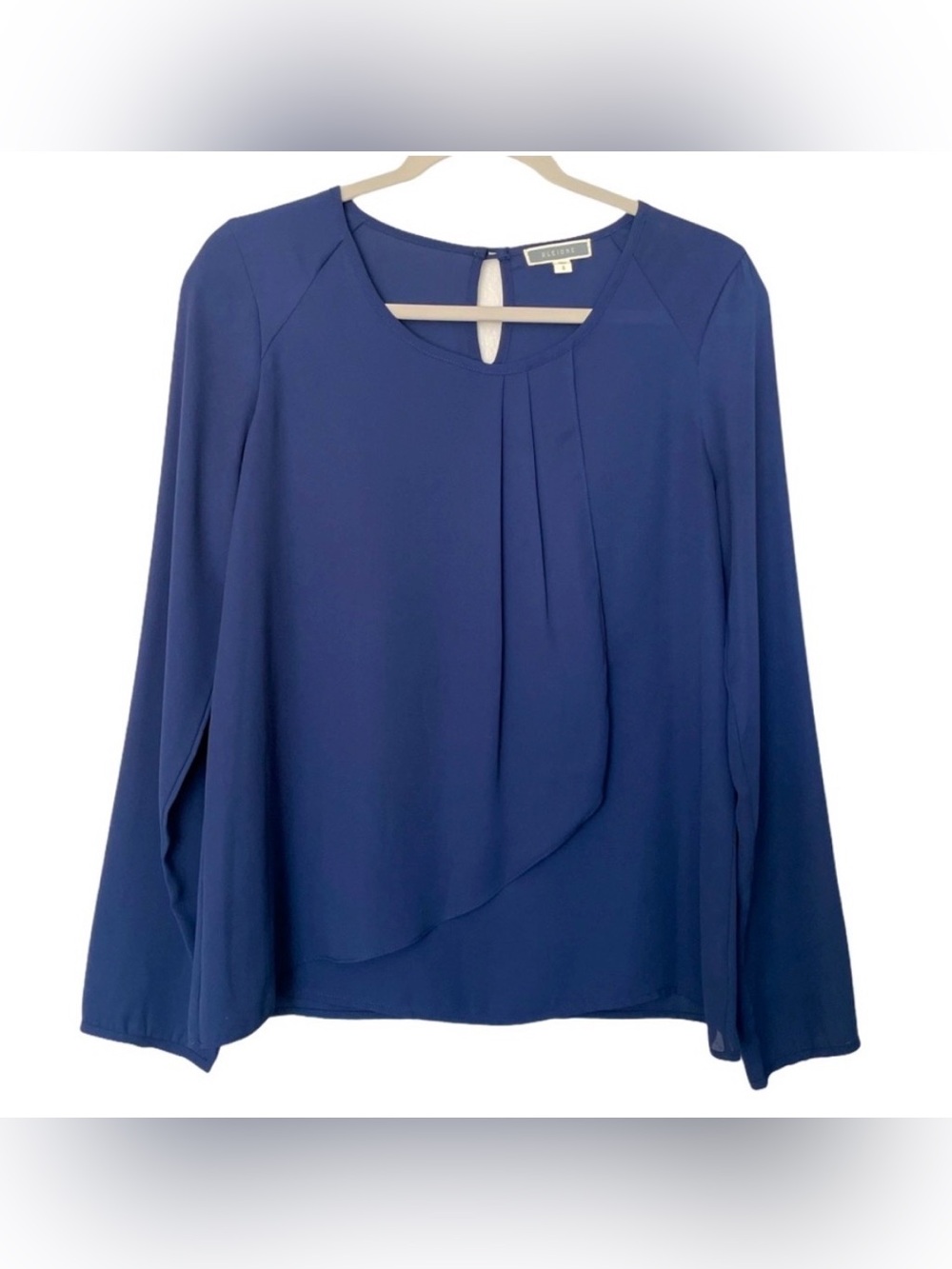 Pleione Flowy Pleated Blue Long Sleeve Top Blouse Size Small